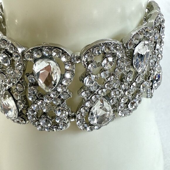 Vintage Clear Rhinestone Silver Tone Stretch Bracelet Statement - Picture 4 of 6